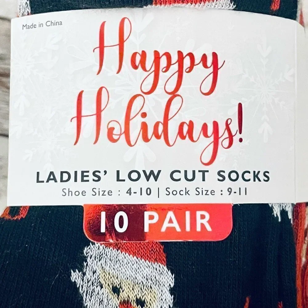 NWT Gorgeous 10 Pack Sz 9-11 Happy holidays Christmas low cut socks Shoe Sz 4-10